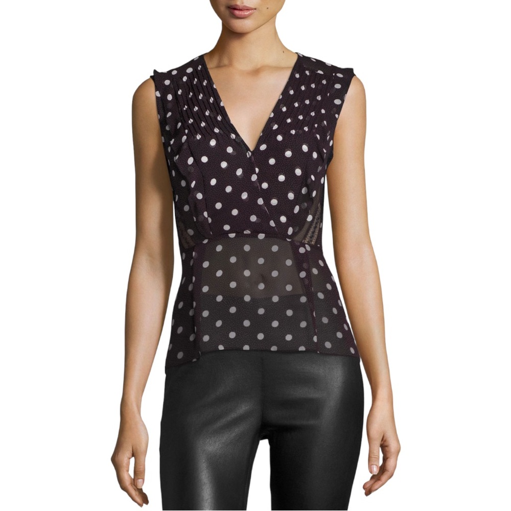 Veronica Beard Elle Polka-Dot 100% Silk Chiffon Top Black/Red/Cream Size 0